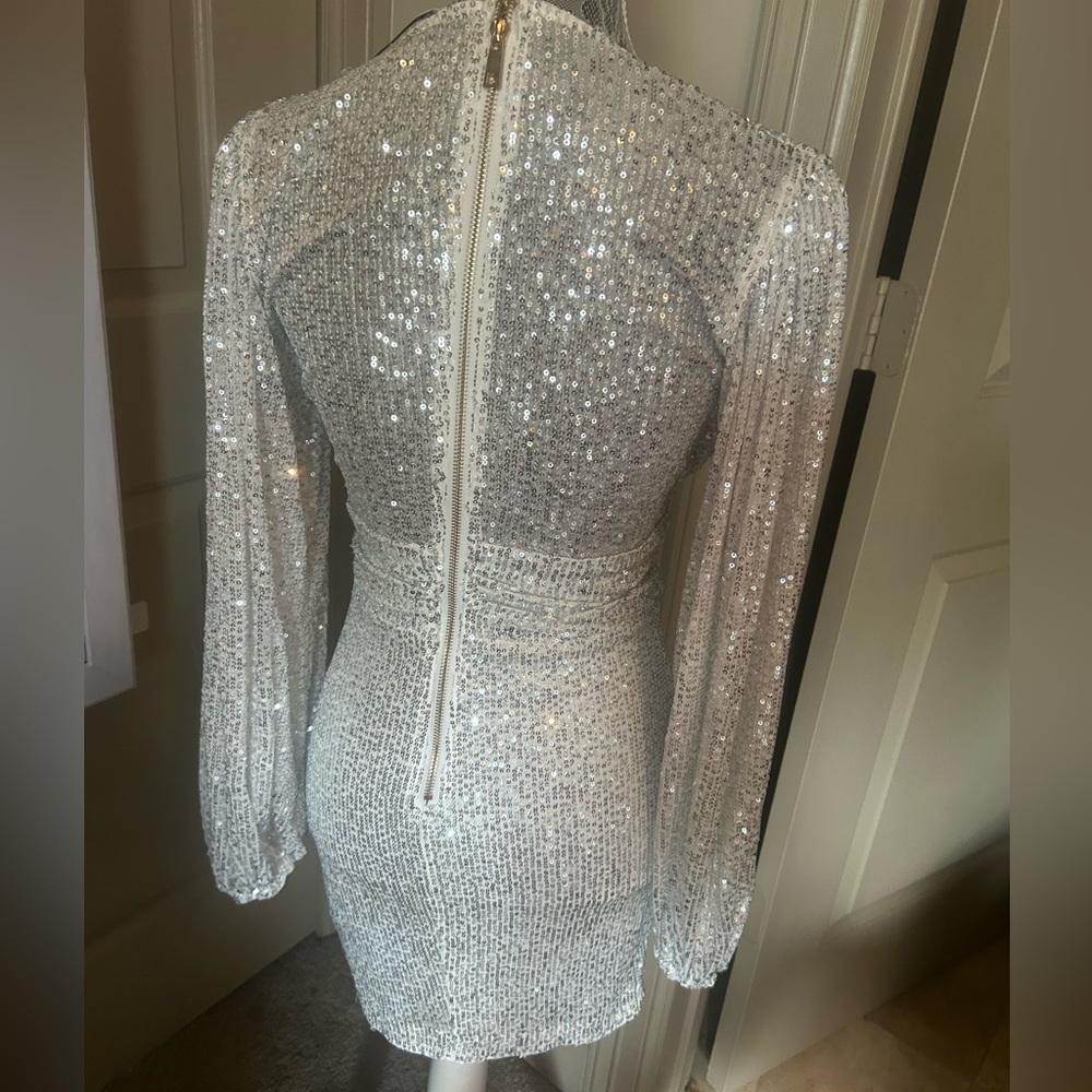 Fashion Nova Silver Sequin Bodycon Dress with Bishop Sleeves - Picture 3 of 3